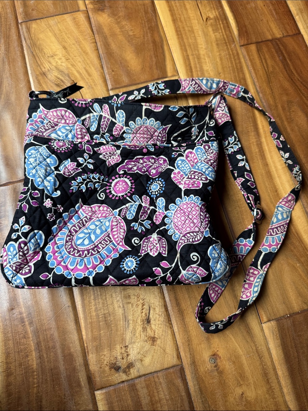 Vera Bradley Black Quilted Crossbody with Pink & Blue Floral Print